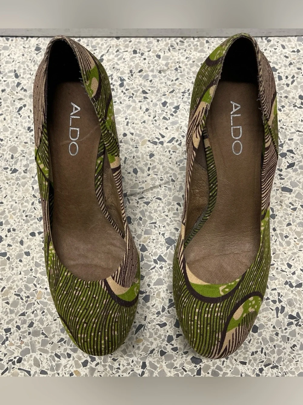 ALDO Forwood Tribal Olive Green & Tan Printed Pattern Platform Wedges